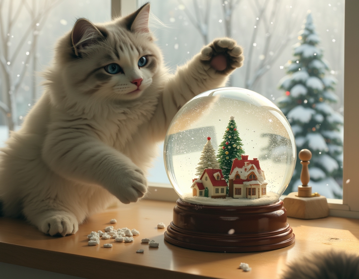 Playful cat bats at a snow globe on a table, mesmerized by the swirling snowflakes inside. The globe features a miniature Christmas village, while a snowy landscape is visible through the window in the background, enhancing the festive atmosphere.